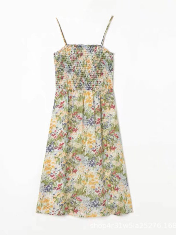 French Resort Style Pleated Elastic Waisted A-Line Skirt Floral Lace Mid-Length Dress