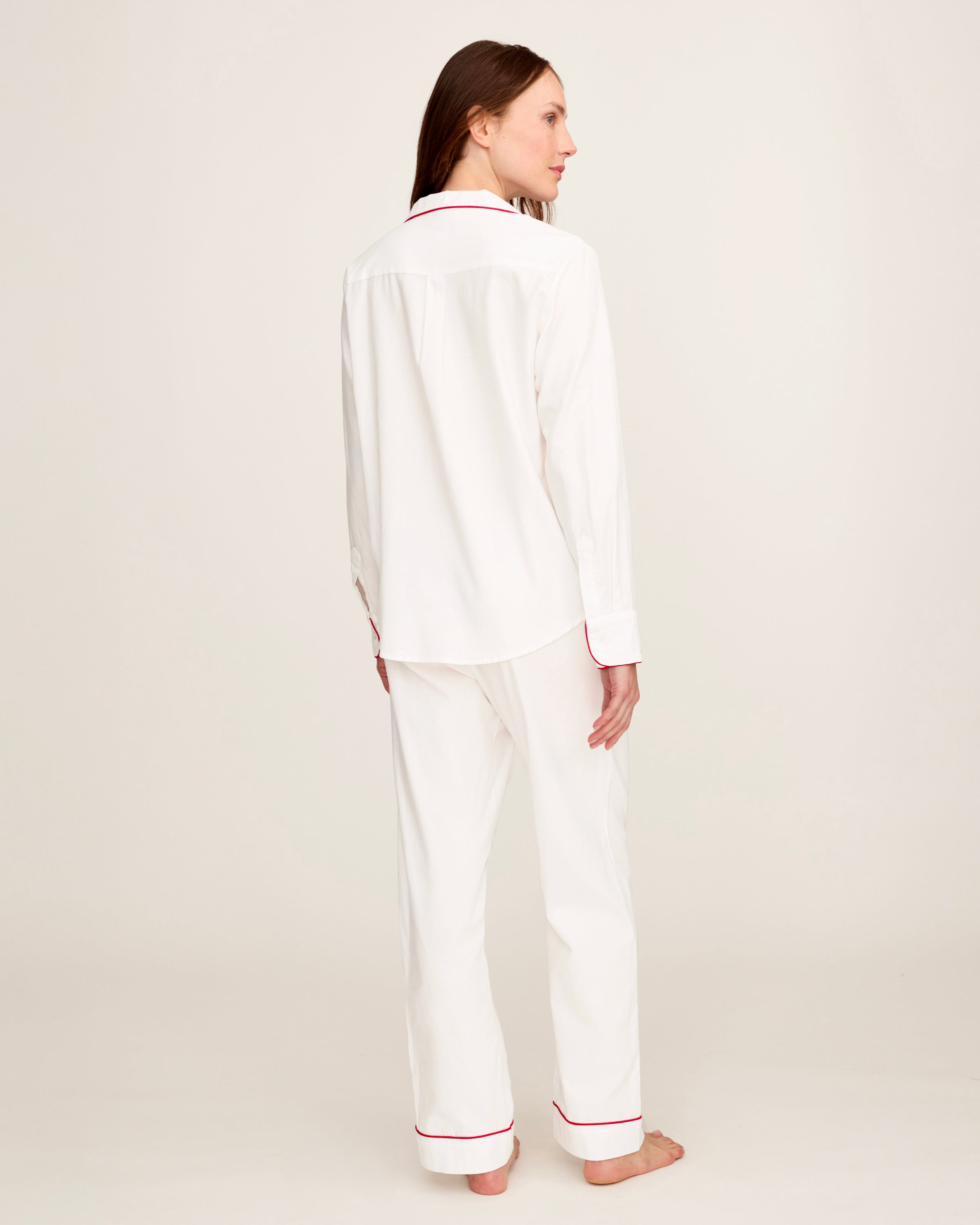Women's Twill Pajama Set in White with Red Piping