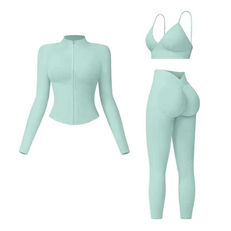 Women's Solid Criss Cross Crop Tank Top & High Waist Leggings & Zip Up Crop Jacket Tracksuit Set