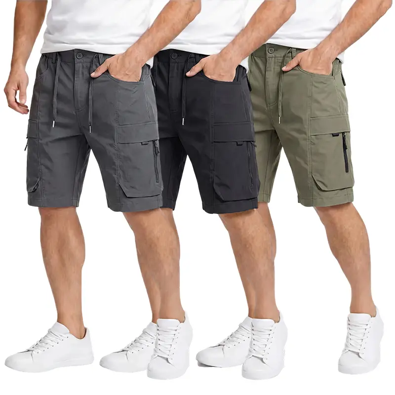 men’s casual cargo shorts with zippered pockets and a buttoned placket
