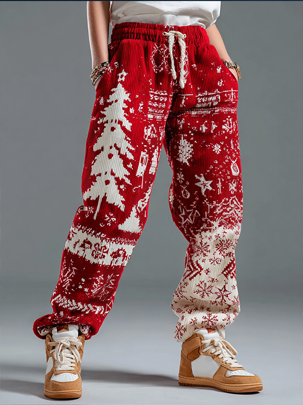 Women's Christmas Tree And Snowflake Geometric Patterns Art Print Loose Fit Sweatpants