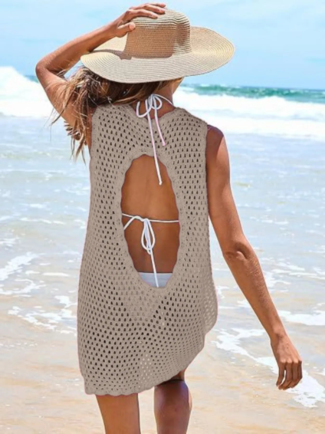 Color Block Openwork Sleeveless Cutout Back Cover-Up Mini Dress