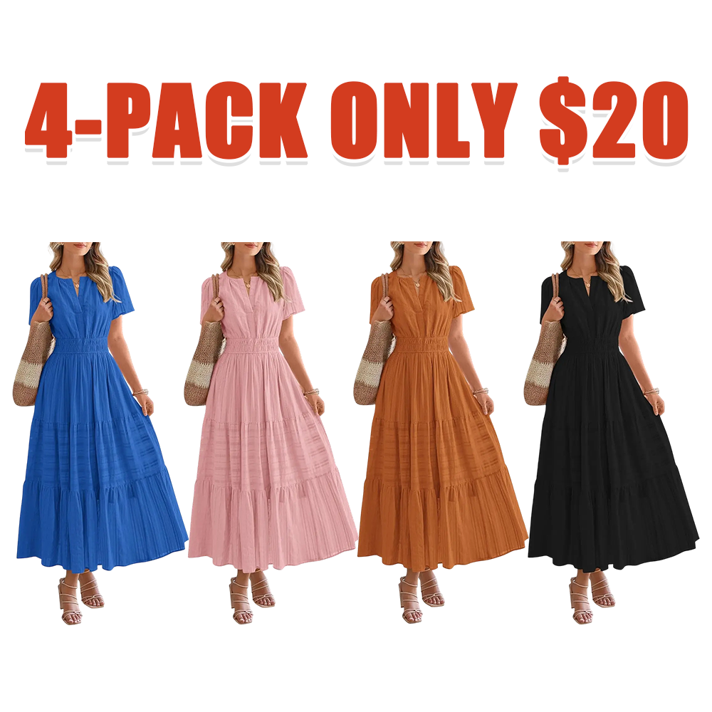 Women's Casual V-Neck Boho Maxi Dress with Pockets