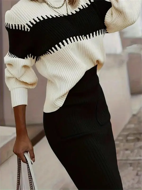 Women's Colorblock Bishop Sleeve Mock Neck Sweater & High Waist Skirt Set