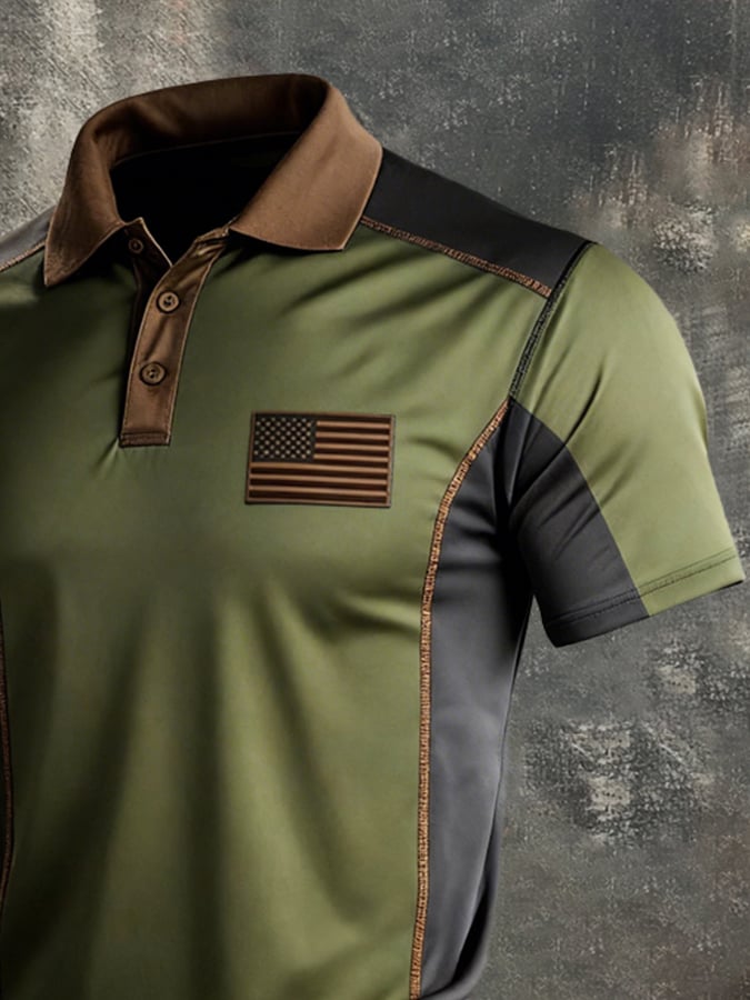 Men's Retro Patriot Color Block Polo Collar Short Sleeve