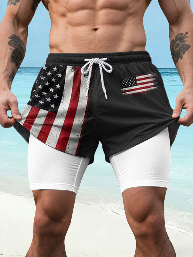 Men's Independence Day Celebration Printed Pattern Beach Vacation Slimming Double layer Sports Elastic Band Quick drying Breathable Shorts