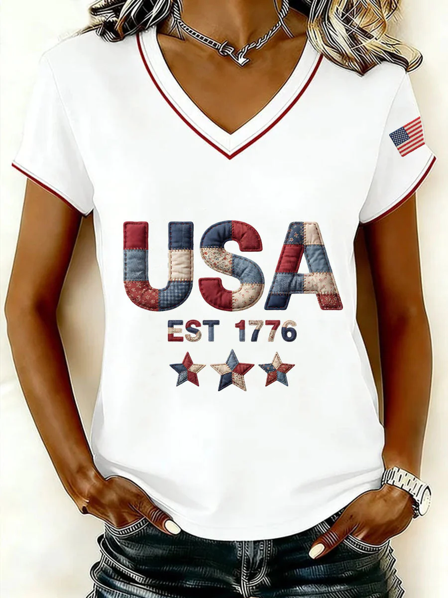 Vintage Patchwork USA EST 1776 Star Logo V-Neck T-Shirt