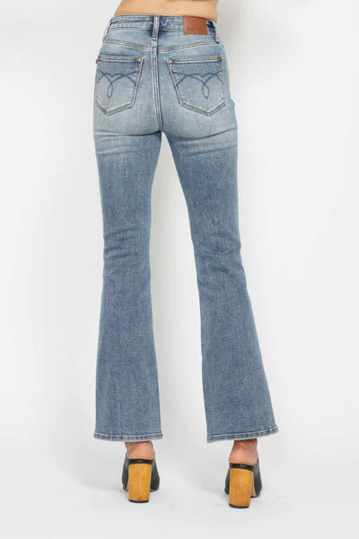 Blue Full Size Tummy Control Back Embroidered Pocketed Bootcut Jeans - Multiple Lengths