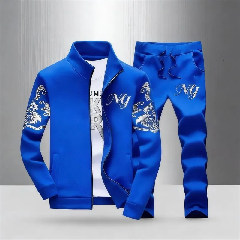 Men's Embroidery Stand Collar Tracksuit 2-Piece Full Zip Sportswear for Daily Casual Yellow Sweatsuit Matching Set