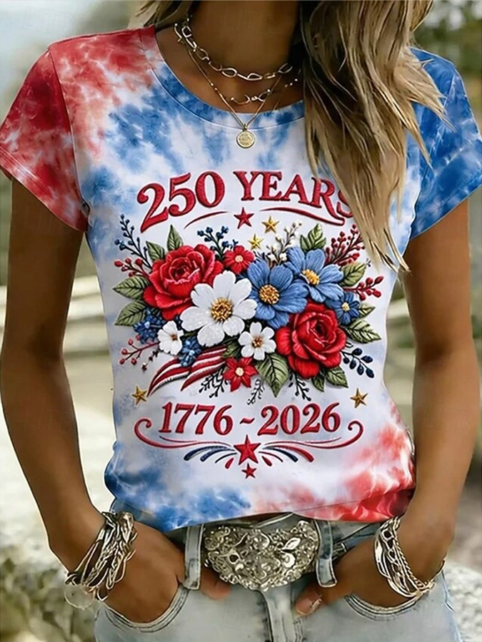 Ladies' Casual US National Day Celebration Floral Tie Dye Printed Round Neck T-Shirt