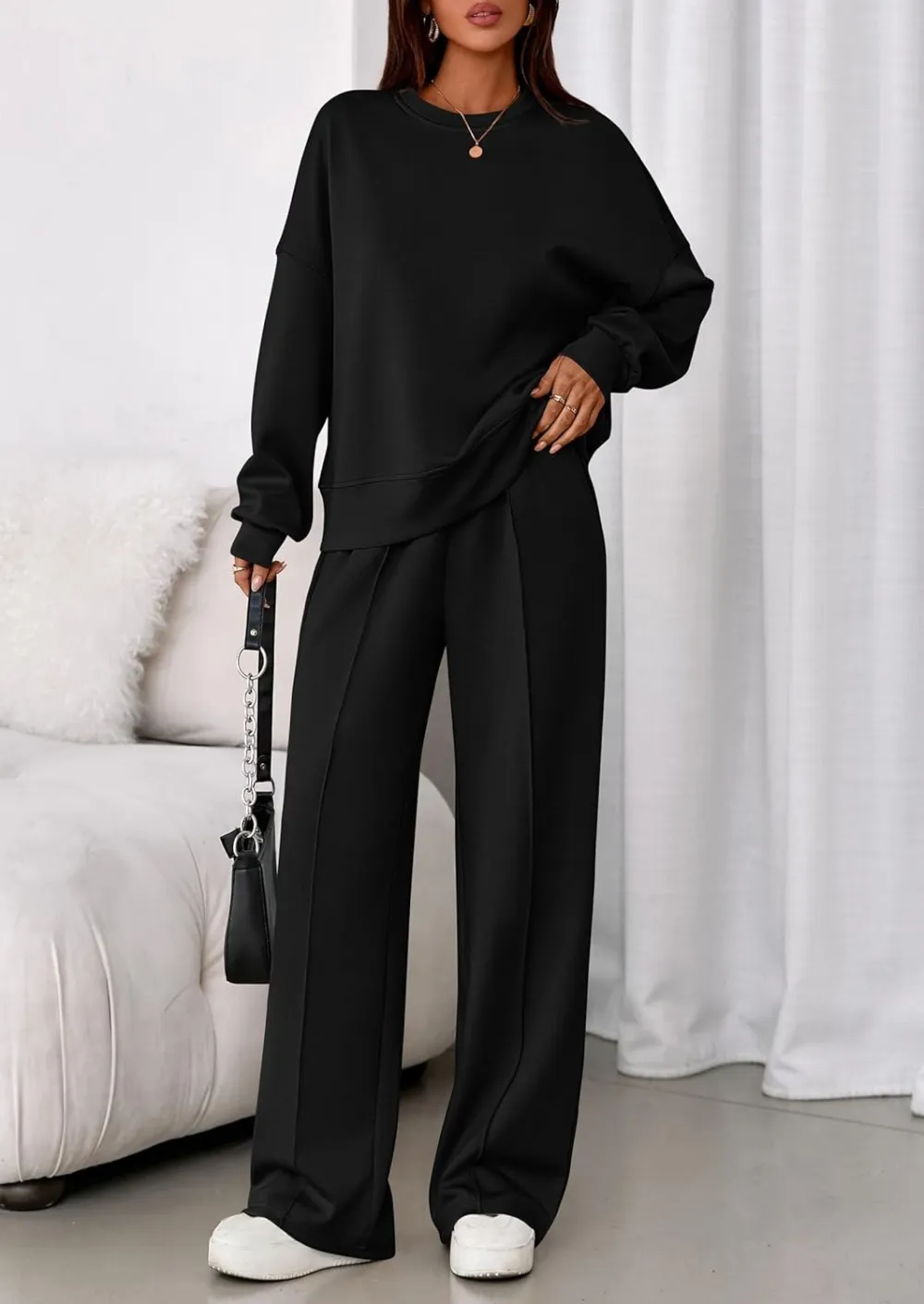 2 Piece Sets For Women Fall Trendy Long Sleeve Sweatshirt Wide Leg Pants Loungewear