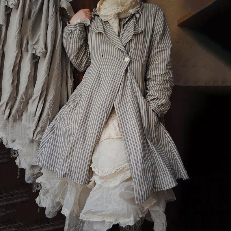 Vintage Striped Fold Over Collar Button Loose Coat 5924