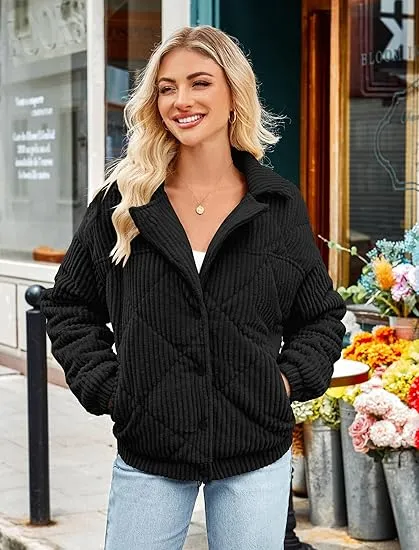 Women's Bomber Jacket Corduroy Ribbed Quilted Zip Up Long Sleeve Winter Coat Fall Outerwear Tops with Pockets