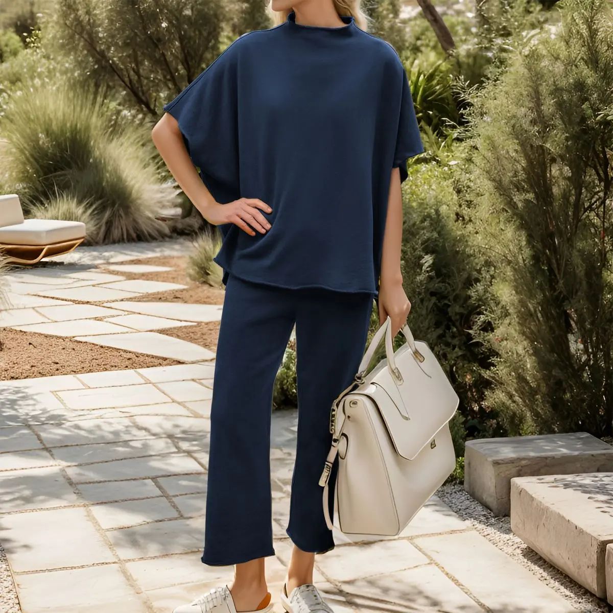 Women's Casual Two-Piece Outfits 3/4 Batwing Sleeve Capelet CrewNeck Pullover Top & Wide Leg Pants Lounge Sets Sweatsuit Blazer Trouser Womenswear Clothes Gamis