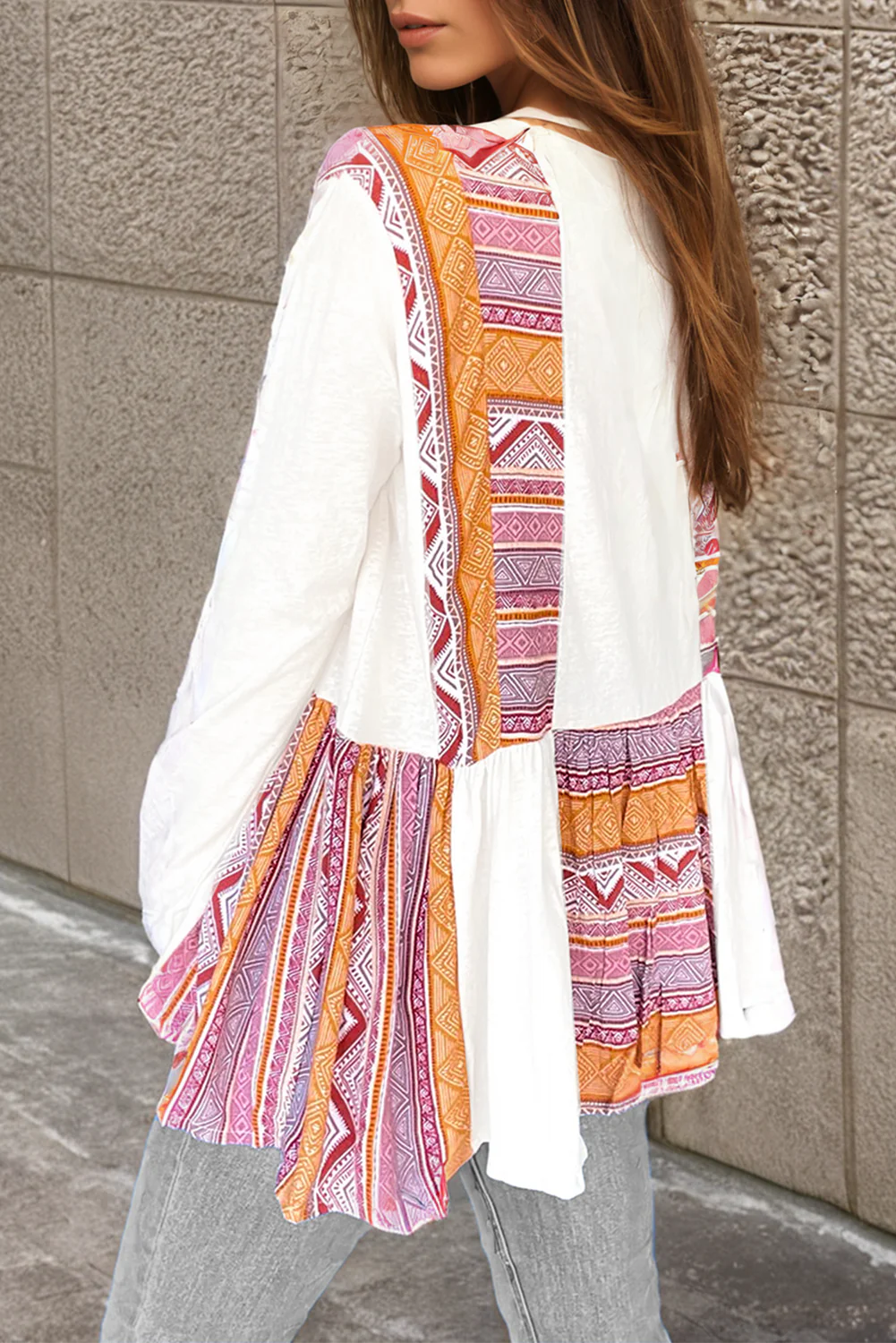 Western Aztec Print Patchwork Ruffled Tunic Long Sleeve Babydoll Top