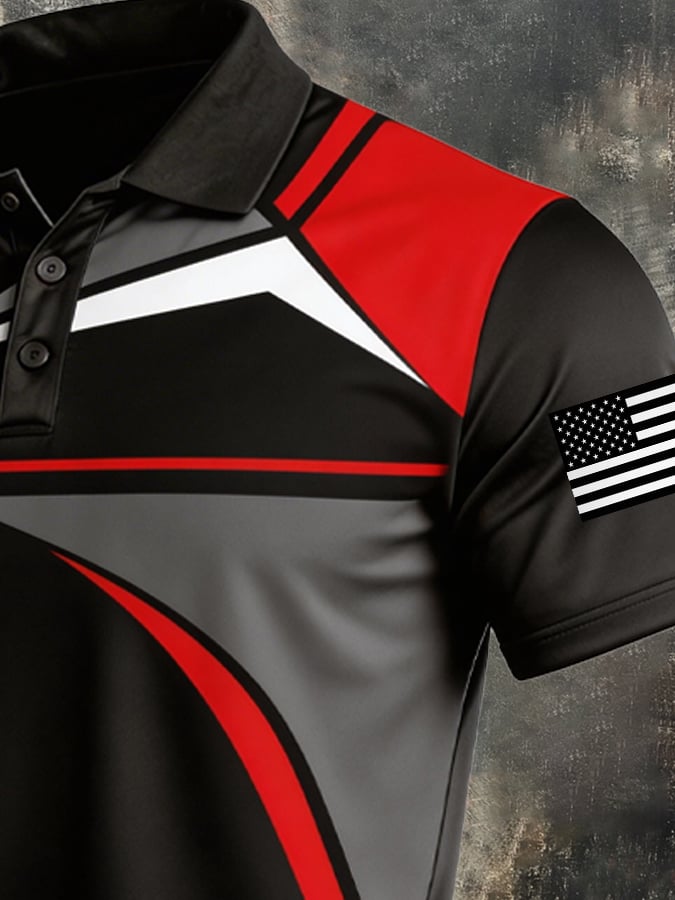 Men's Retro Patriotic Color-Block Short-Sleeve Polo Shirt