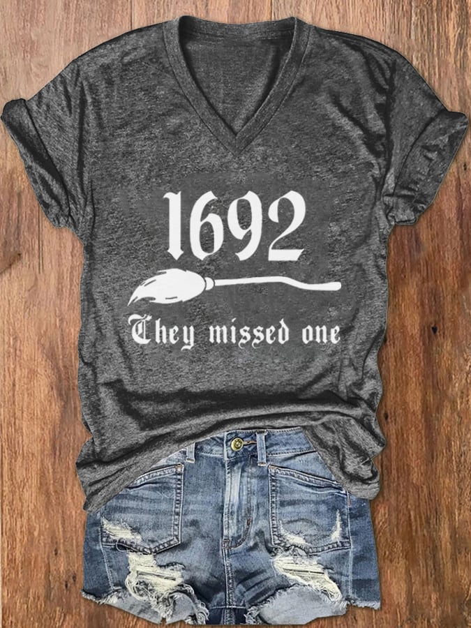 Women's 1692 They Missed One Salem Witch Print V-Neck T-Shirt
