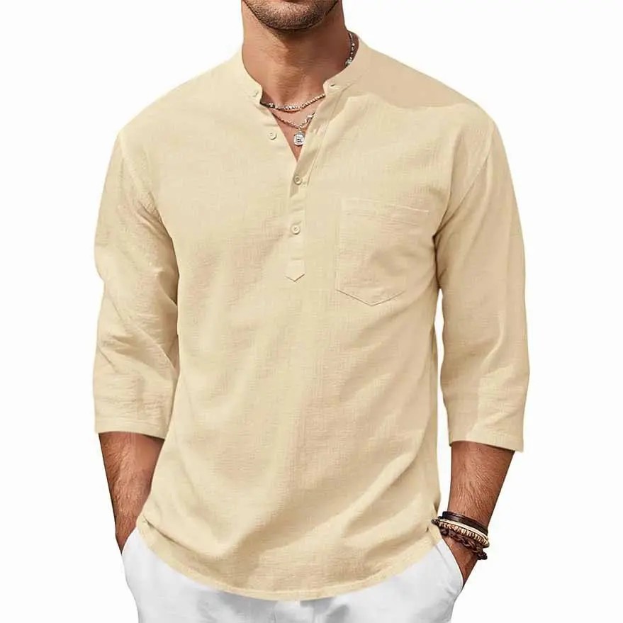 🌴🌴  Men's Coastal Henley Linen Blend Shirt – 3/4 Sleeve Summer Essential
