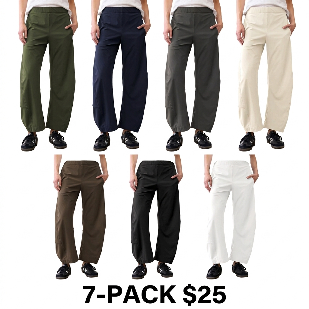 Women's Barrel Travel Pants – Elastic Waistband, Tapered Leg, Baggy Mid Rise Trousers with Pockets