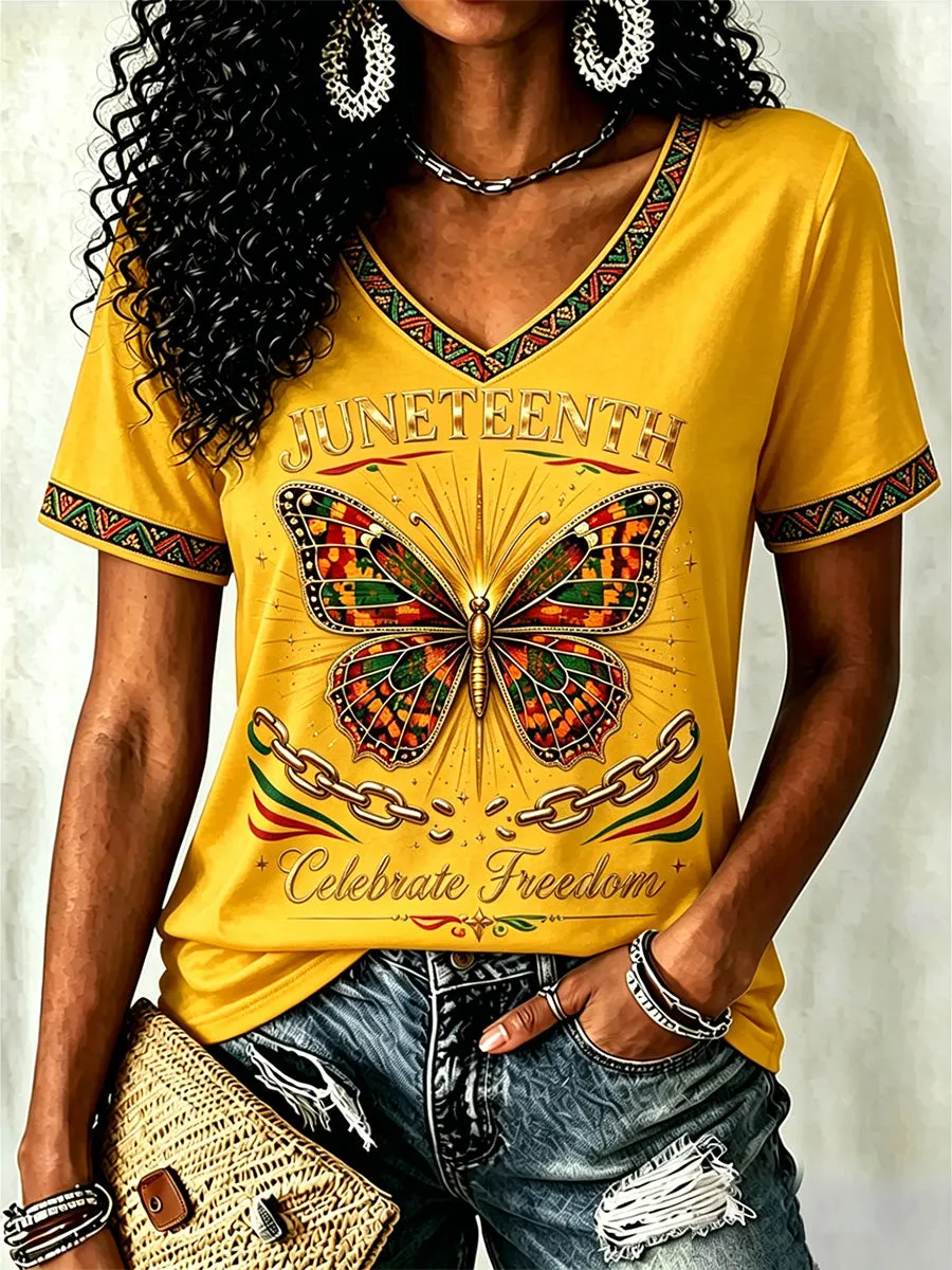 Women's Juneteenth  Print Casual V-Neck Tee