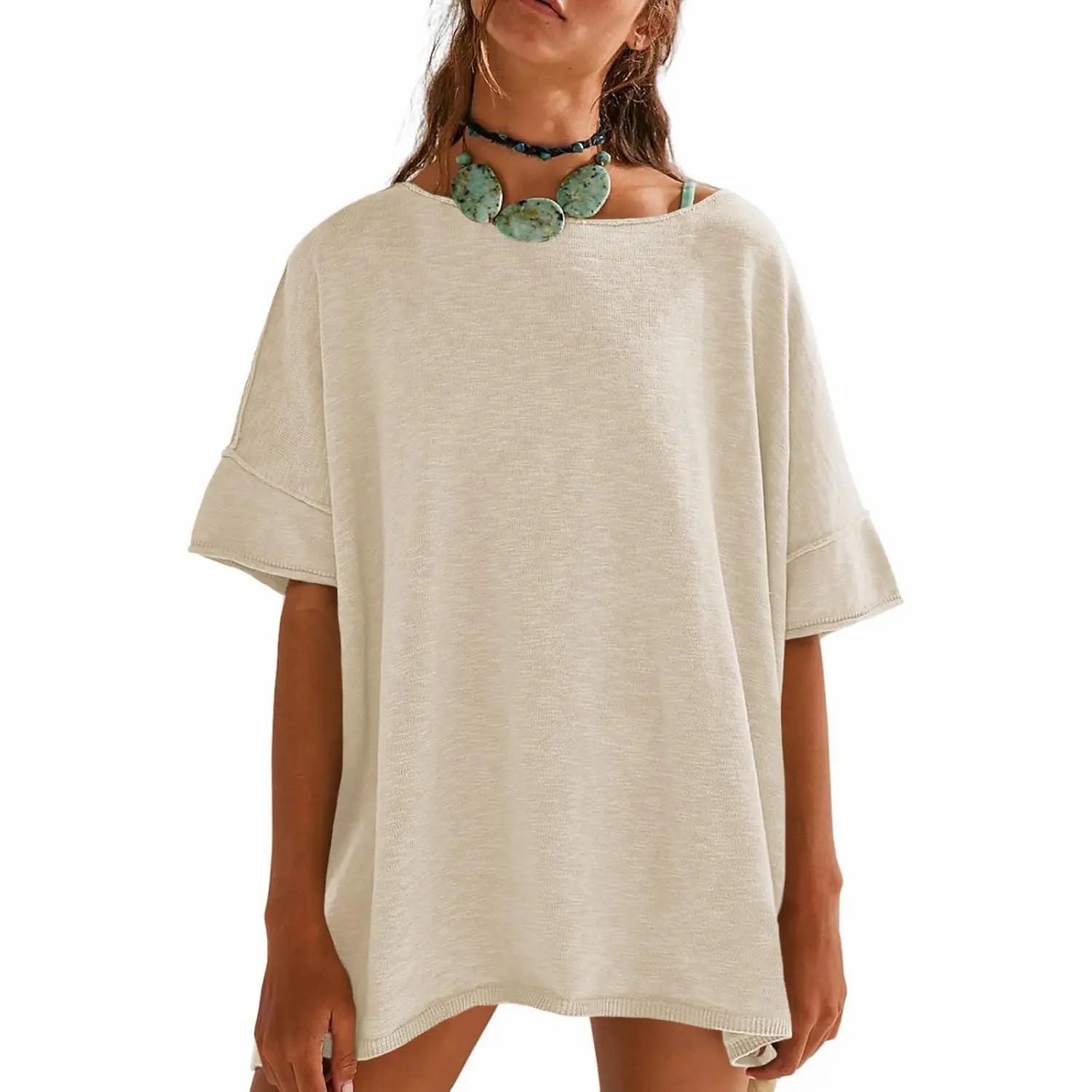 Women's Oversized T Shirts Casual Summer Crew Neck Loose Dropped Short Sleeve Side Slit Hem Blouse Tunic Tops Sweater Tee