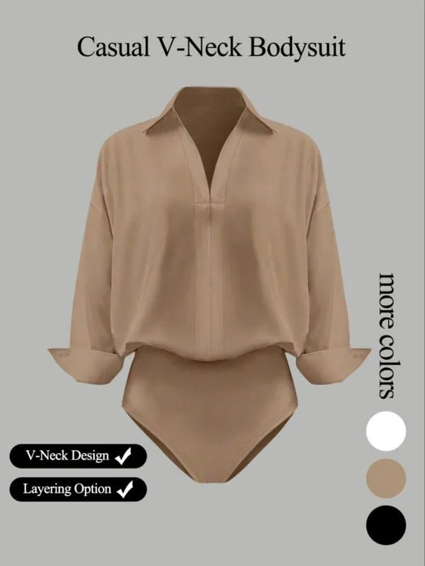 Women's casual loose V-neck long-sleeved shirt jumpsuit, elegant woven fabric, slim fit