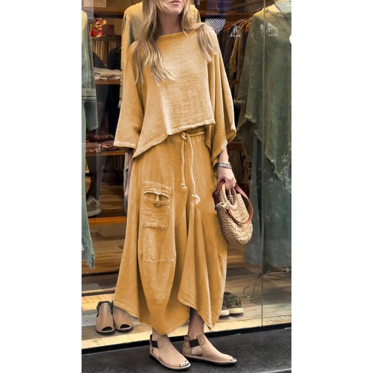 Women’s 2-Piece Loose Vintage-Style Batwing Sleeve Skirt Set