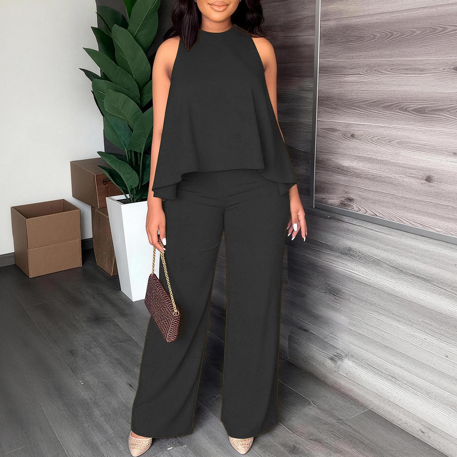 Women's Spring/Summer Two-Piece Set: Lightweight, Flowy Halter Top Paired with High-Waisted Wide-Leg Trousers