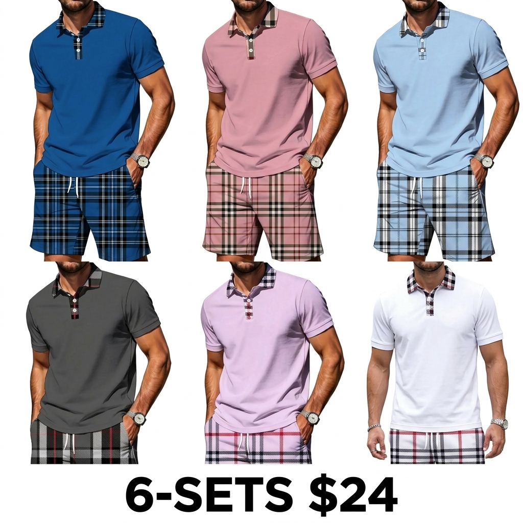Men's Plaid Patchwork 2-Piece Summer Set – Polo Shirt & Matching Shorts, Casual Drawstring Waist with Pockets