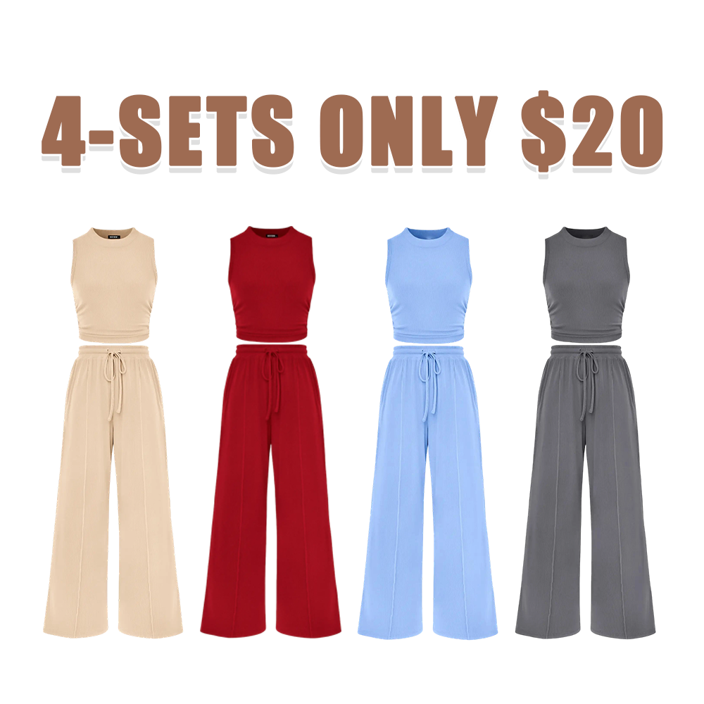 Women's Ribbed Knit Crop Top & Wide Leg Pants Lounge Set