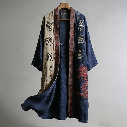 Men's Dragon Pattern Calligraphy and Painting Art Linen Long Kimono