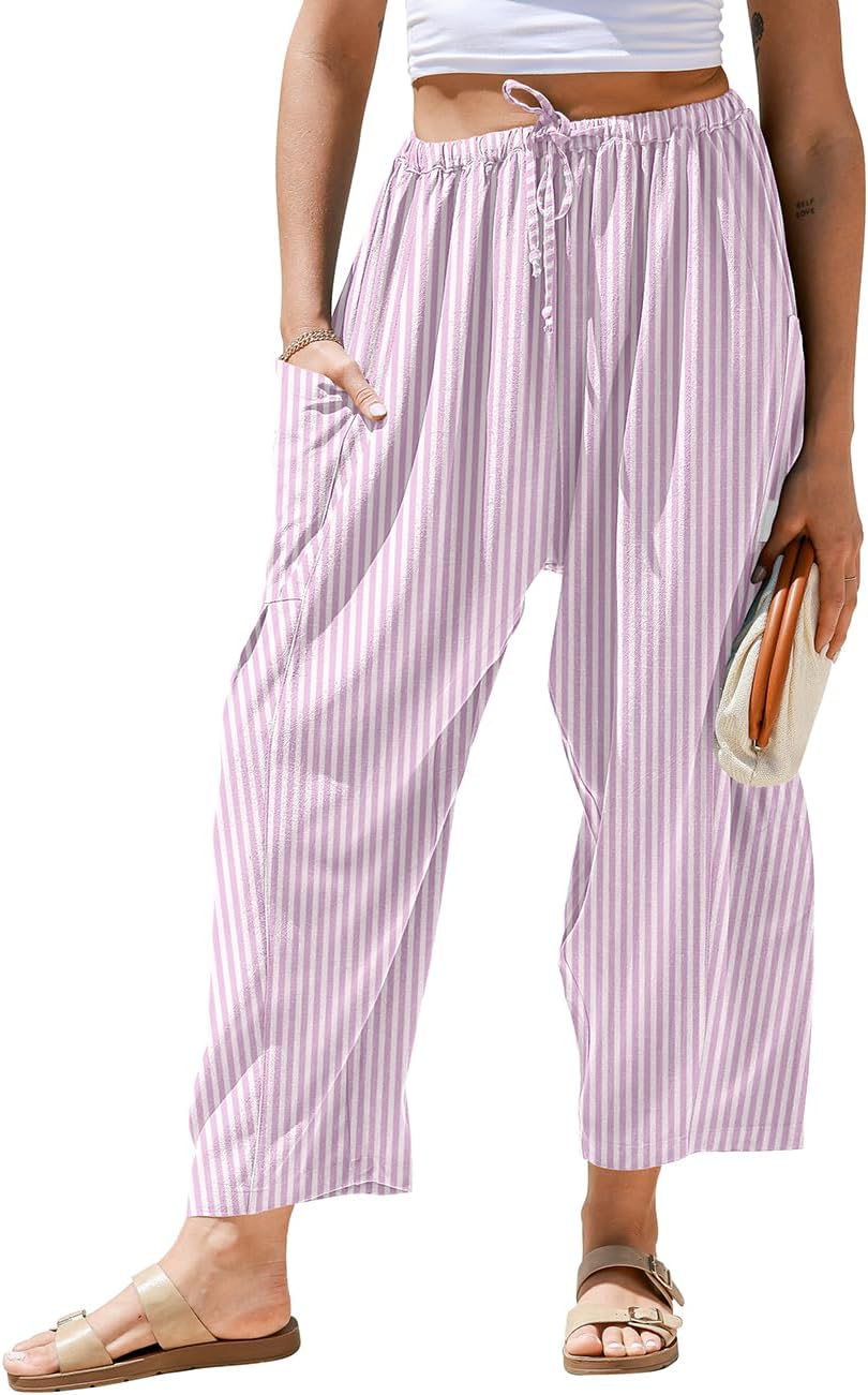 Womens Linen Wide Leg Striped Pants Casual Barrel Loose Drawstring Low Waist Palazzo Harem Pants with Pockets