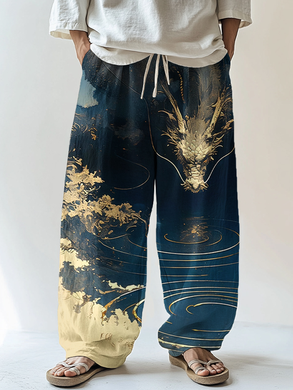 Men's Golden Dragon Drinking Water Art Print Loose Drawstring Waist Pants