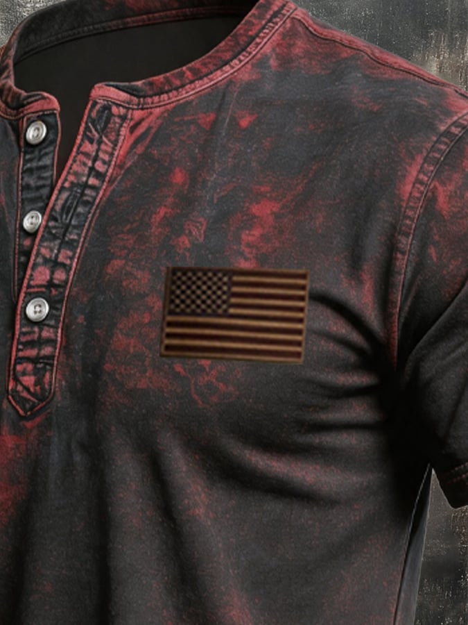 Men's Retro Patriotic Color-Block Short-Sleeve Henley T-Shirt