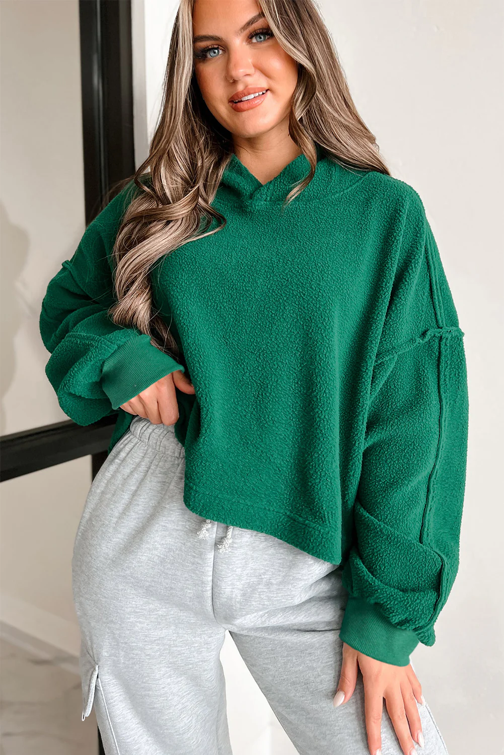 Dark Sherpa Fleece Drop Shoulder Hoodie
