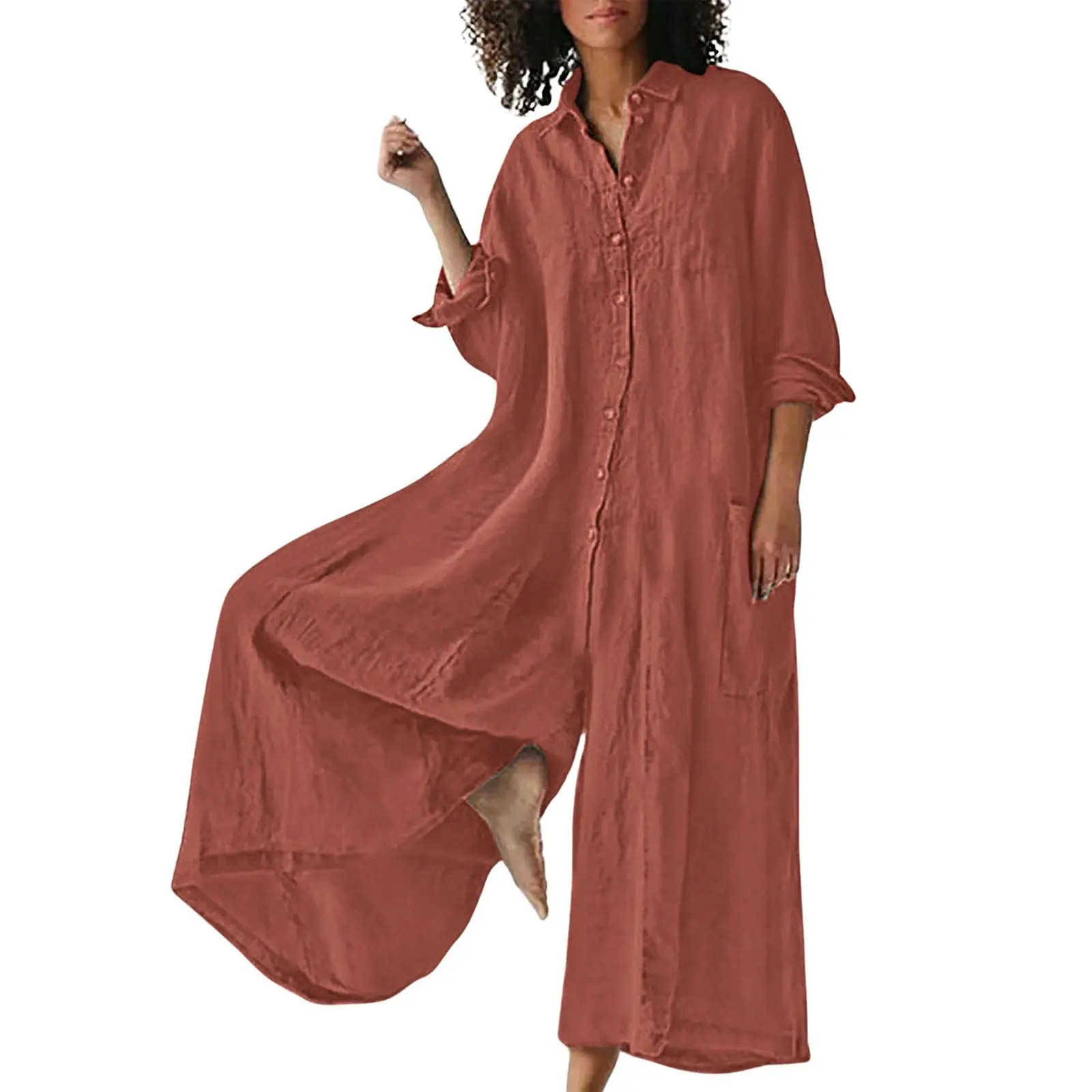 Women's Linen Long-Sleeve Button-Front Wide-Leg Jumpsuit