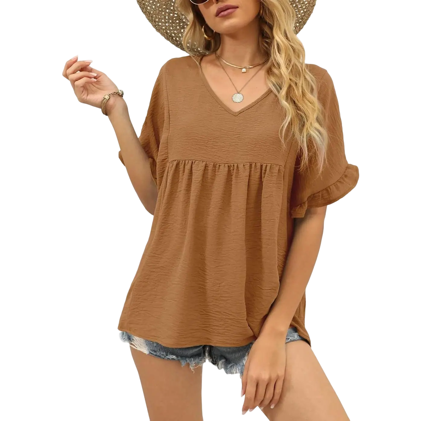 Womens Tops Casual V Neck Ruffle Sleeve T Shirts Babydoll Loose Fit Peplum Tops