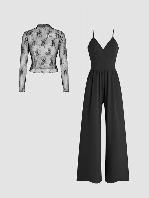 Women's Solid Color Lettuce Trim Mock Neck Sheer Lace Top & Pocket Wide Leg Cami Jumpsuit