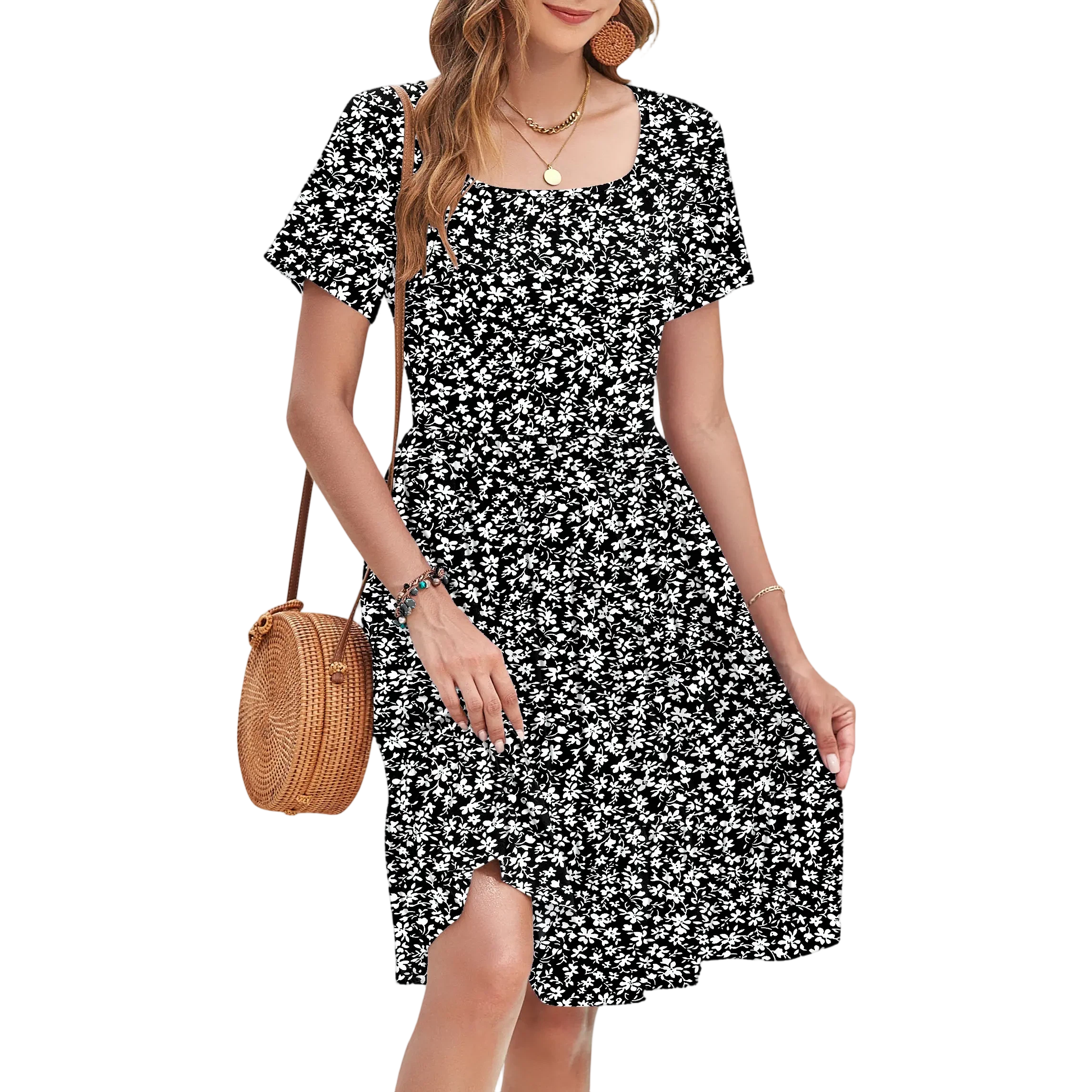 Women Square Neck Ditsy Floral Dress