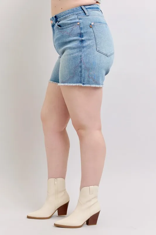 High Waist Western Embroidery Detail Cut Off Denim Shorts