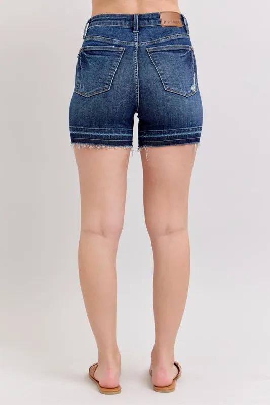 Blue High Waist Tummy Control Destroy Release Hem Denim Shorts