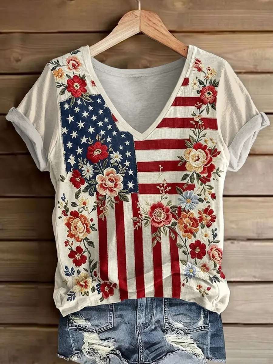 Independent striped star and flower printed V-neck casual T-shirt