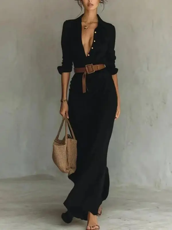 Elegant Autumn Dress for Women, Sexy Solid Color Ruched Design
