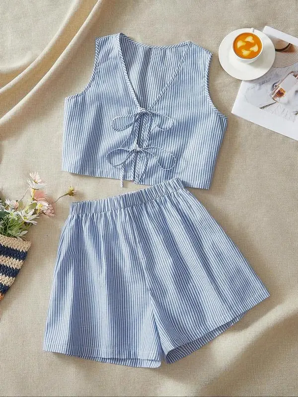 Women's Plaid Print Tank Top & High Waist Shorts Set
