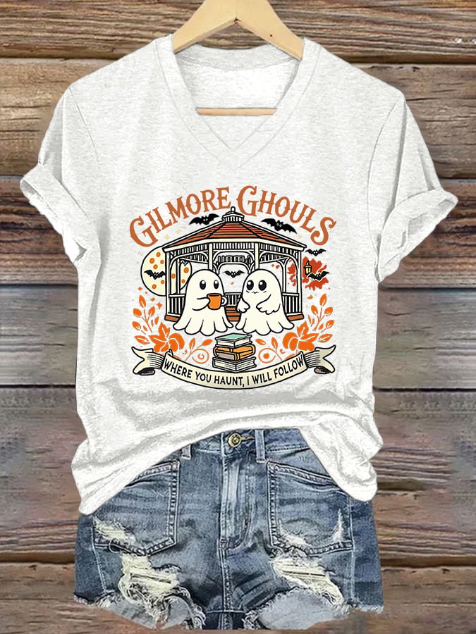 🔥HOT SALE🔥V-Neck Retro Gilmore Ghouls Where You Haunt, I Will Follow Print T-Shirt
