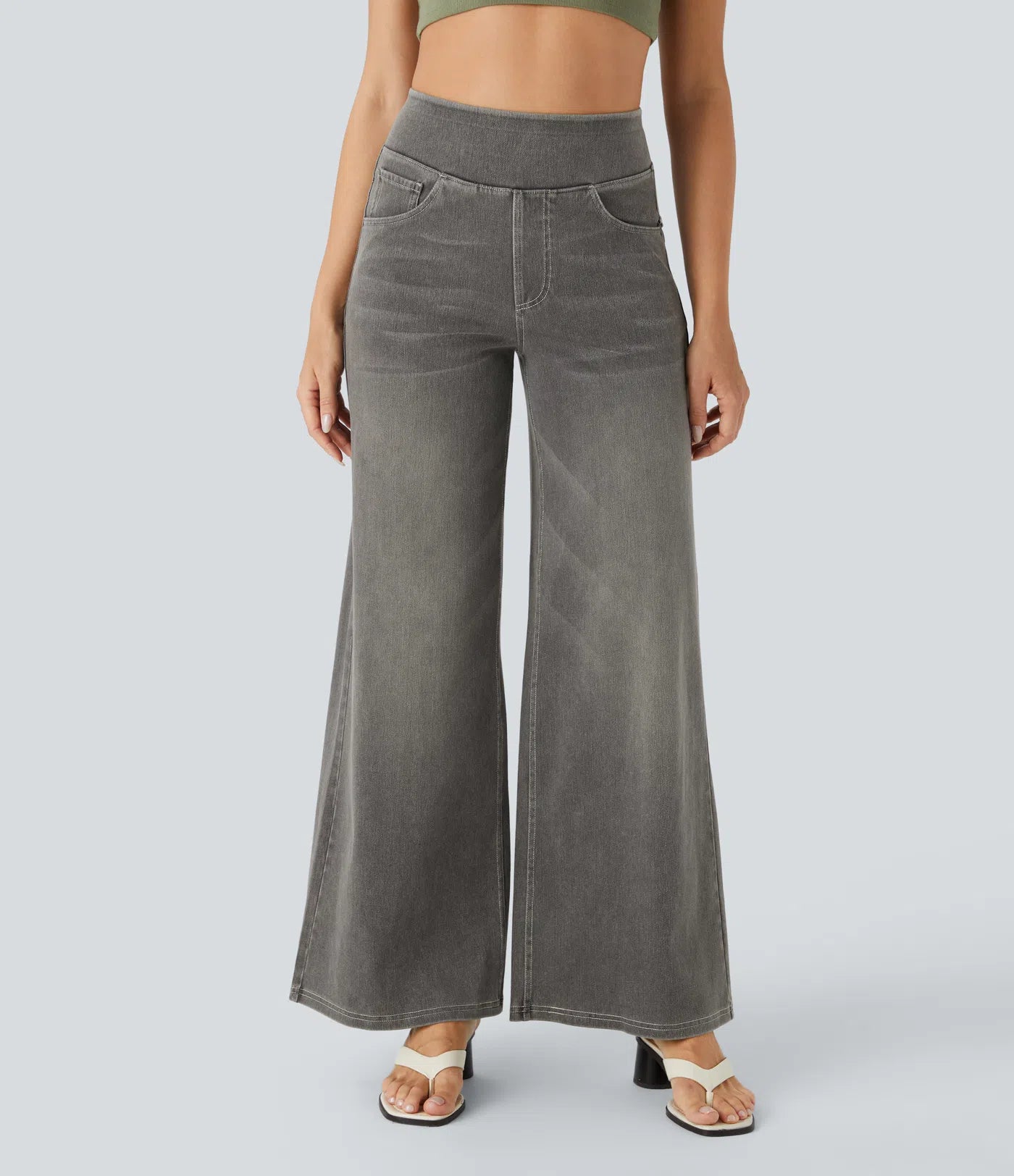 High Waisted Pockets Baggy Wide Leg Washed Casual Jeans