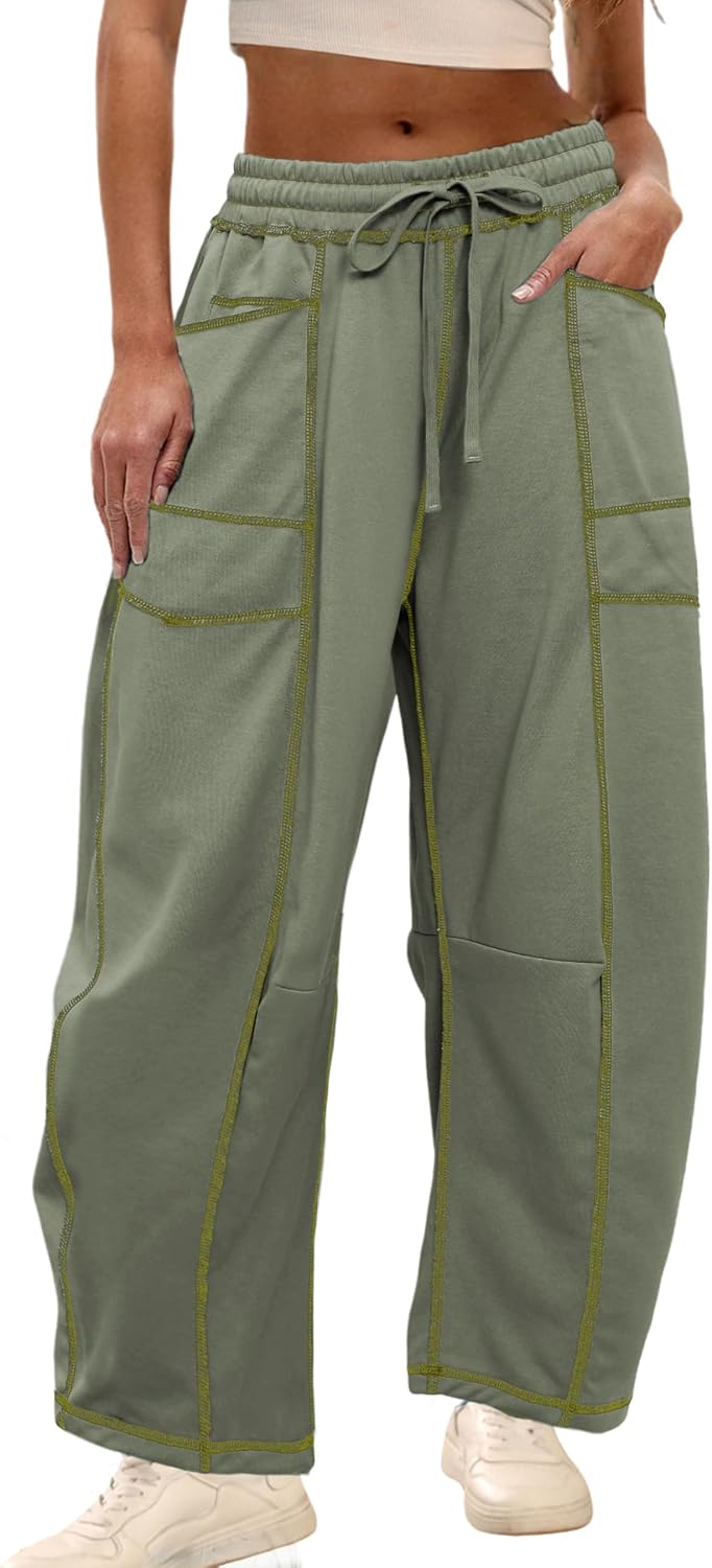 Womens Baggy Barrel Pants Wide Leg Lounge Drawstring Sweatpants with Pockets