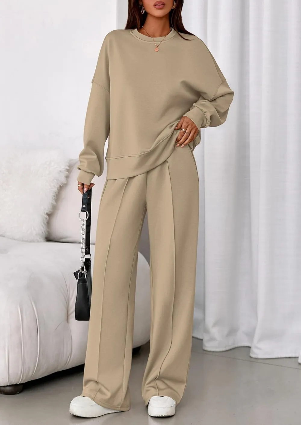 2 Piece Sets For Women Fall Trendy Long Sleeve Sweatshirt Wide Leg Pants Loungewear