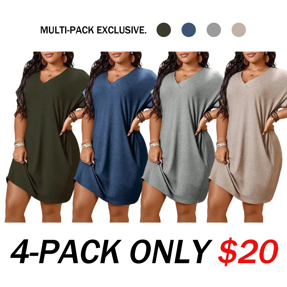 🔥8-PACK $24🔥Plus Size Women's V Neck Batwing Sleeve Loose T-Shirt Dress