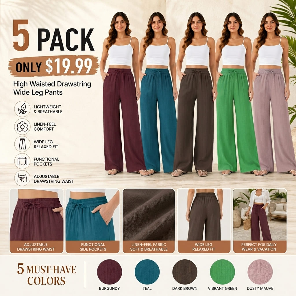 High Waisted Drawstring Wide Leg Casual Pants